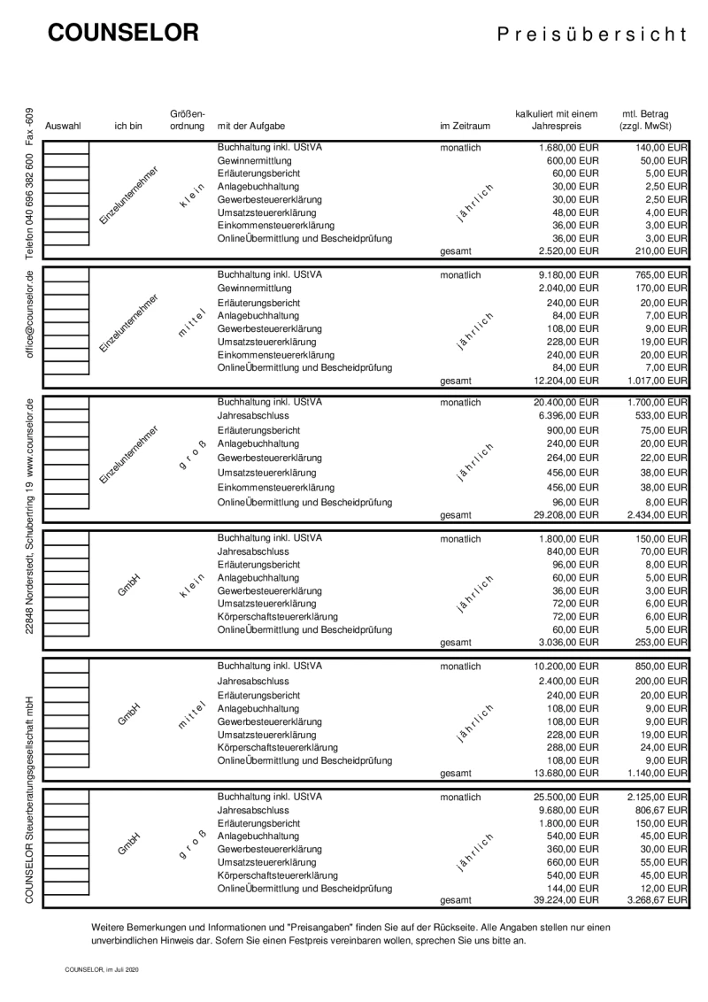 Preisübersicht Beratungen COUNSELOR