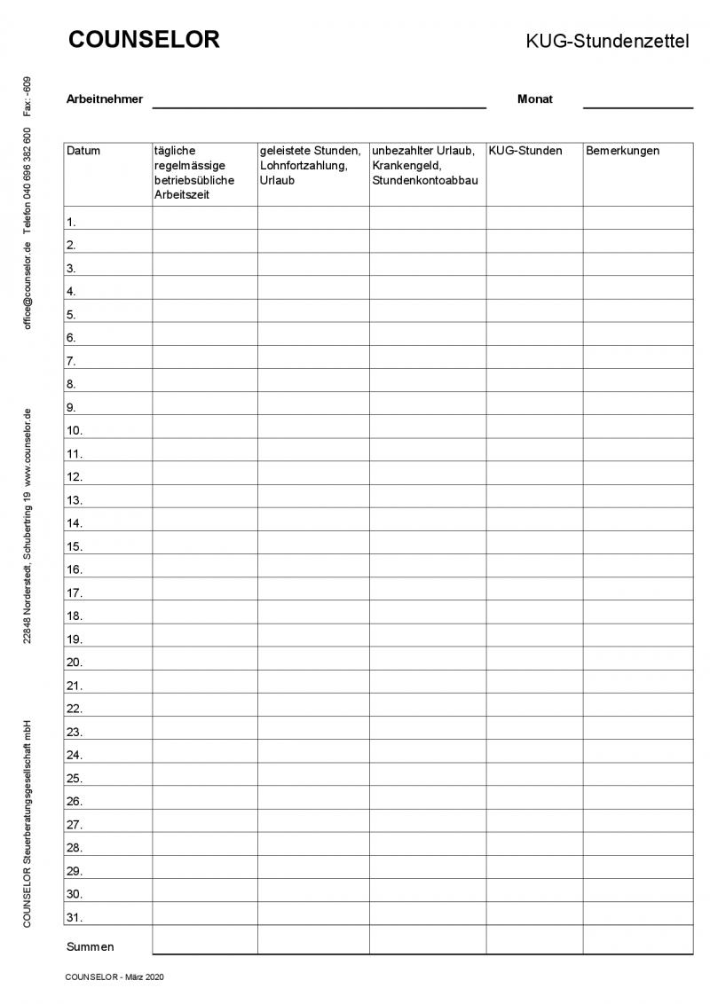 Stundenzettel-KUG - Steuerberater zu covid-19 Coronavirus