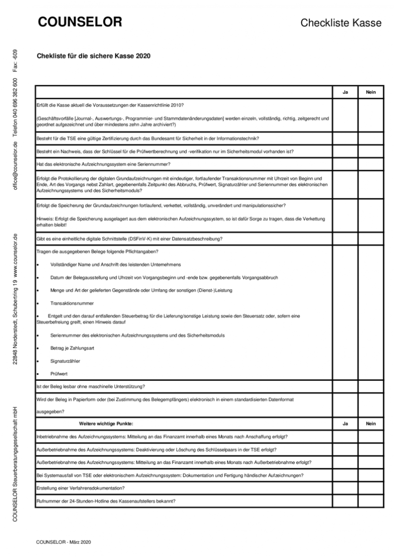 FORMULAR - Checkliste Kasse l