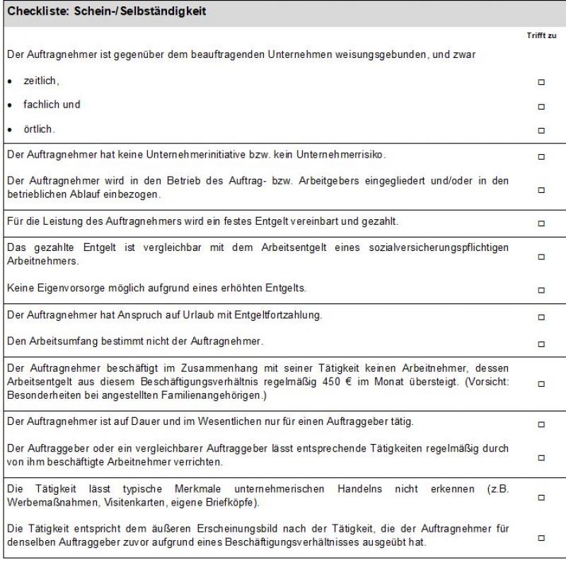 Checkliste Scheinselbständigkeit